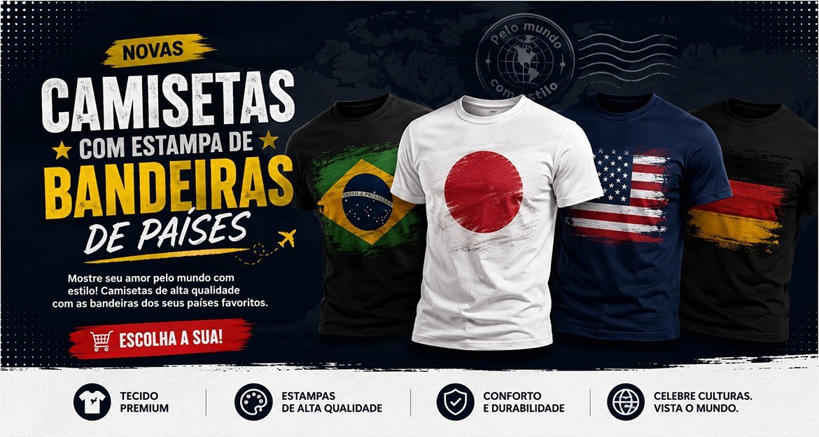 Banner camisetas com estampa de bandeiras de países