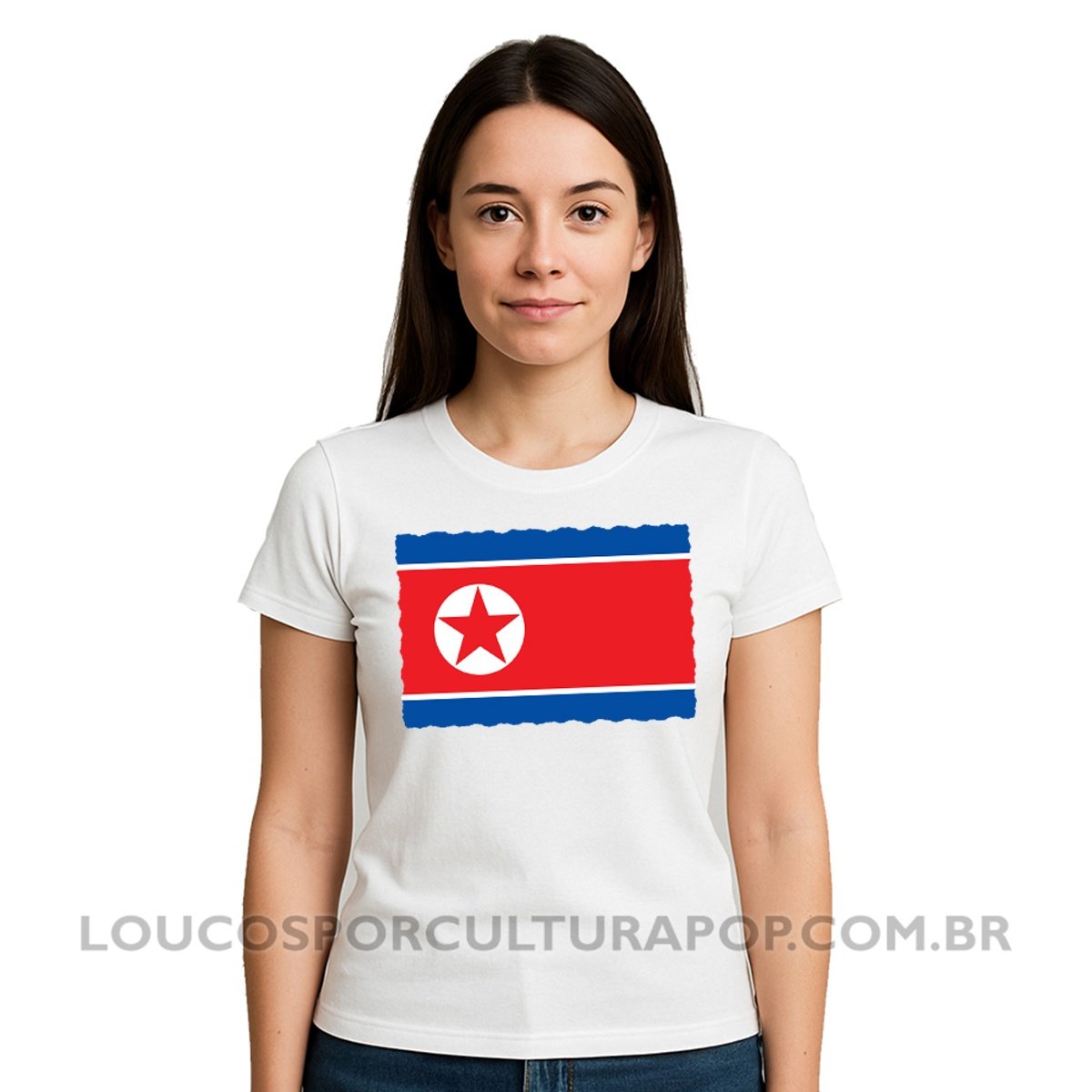 Camiseta Feminina Baby Look Bandeira da Coreia do Norte - Imagem 2